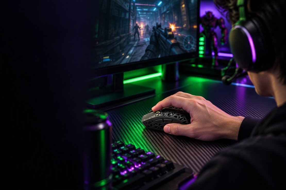 A gamer uses a black carbon-fiber wireless gaming mouse at a neon-lit esports desk