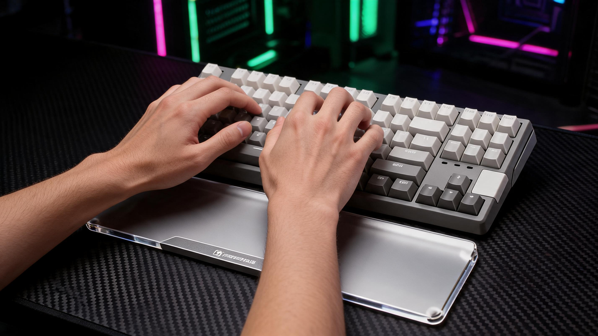 A translucent acrylic keyboard wrist rest positioned in front of a TKL keyboard on a carbon-fiber gaming desk, with hands typing and the forearms aligned in a mostly straight line