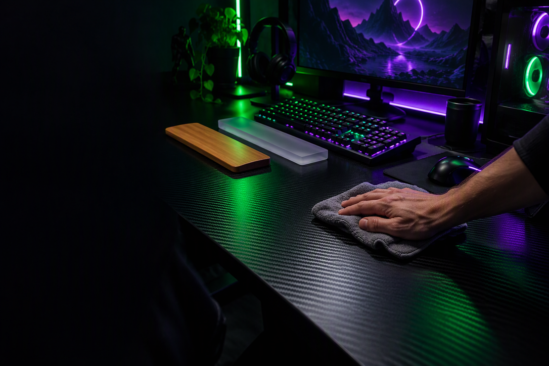 A hand wipes an exposed patch of carbon-fiber desk beside a keyboard and two wrist rests, leaving the rests untouched.