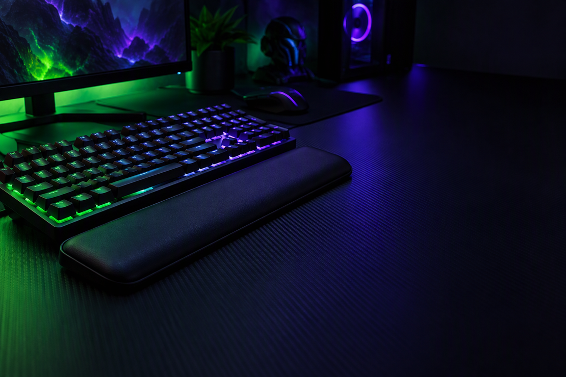 Keyboard and wrist rest arranged on a dark gaming desk