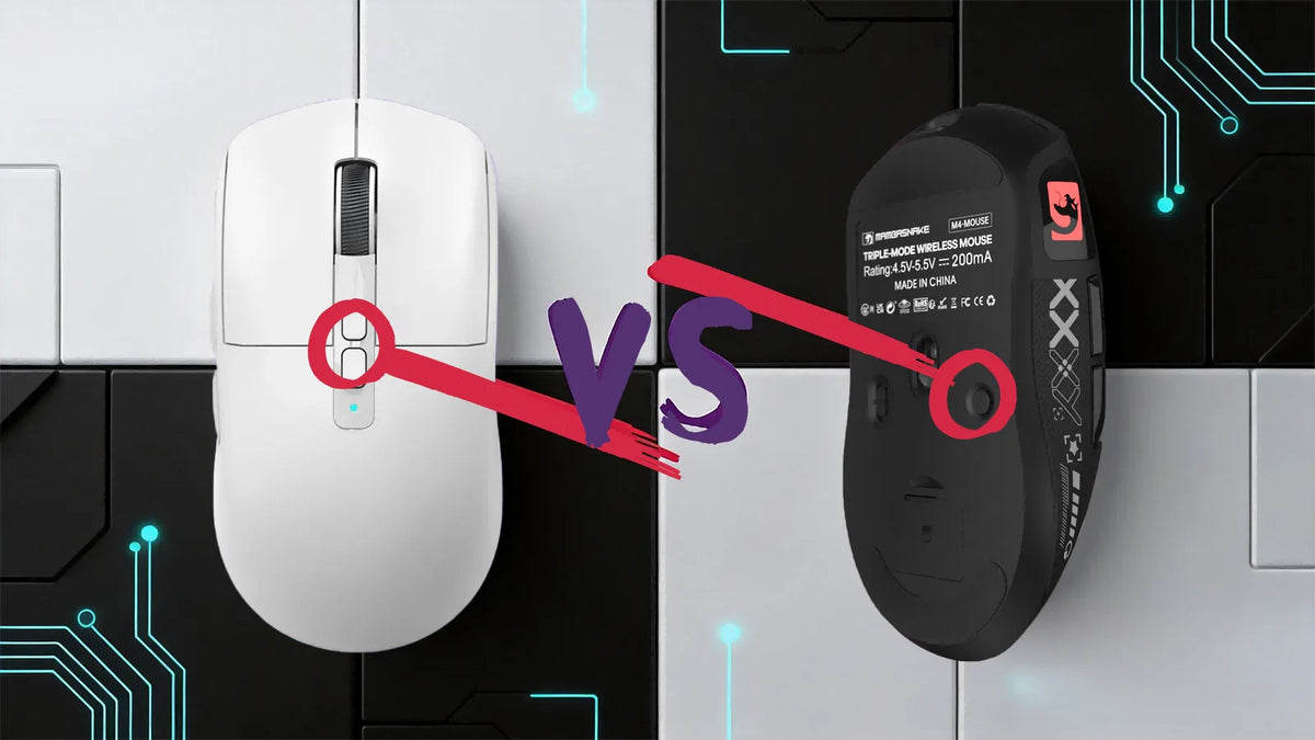 Two gaming mice, one white and one black, separated by a purple VS symbol with a red connecting line.