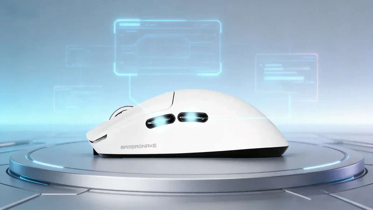 White MAMBASNAKE mouse with black side buttons on a tiered silver platform.