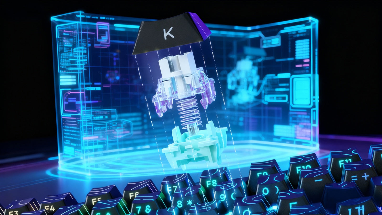 A holographic exploded view of a mechanical switch mechanism projecting upward from a neon-lit gaming keyboard.