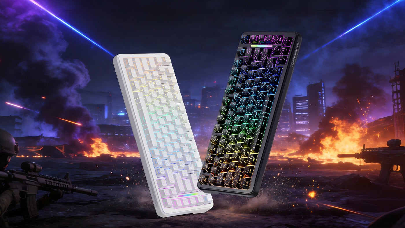White and black MAMBASNAKE RGB keyboards floating above a futuristic battlefield