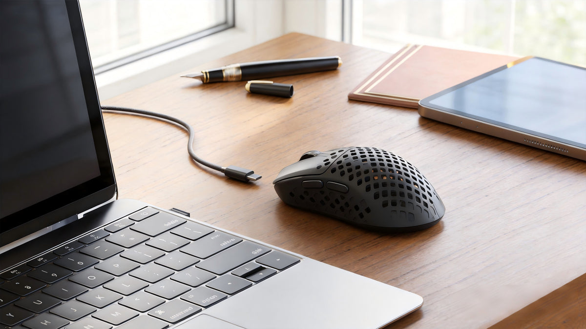 Mambasnake lightweight honeycomb gaming mouse with Type-C cable, on wood desk with laptop and stationery