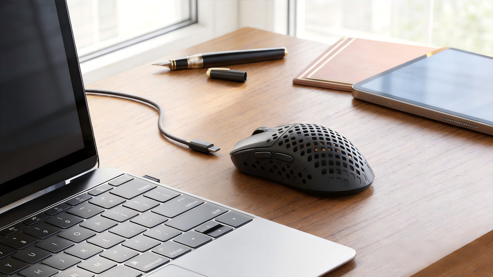 Mambasnake lightweight honeycomb gaming mouse with Type-C cable, on wood desk with laptop and stationery