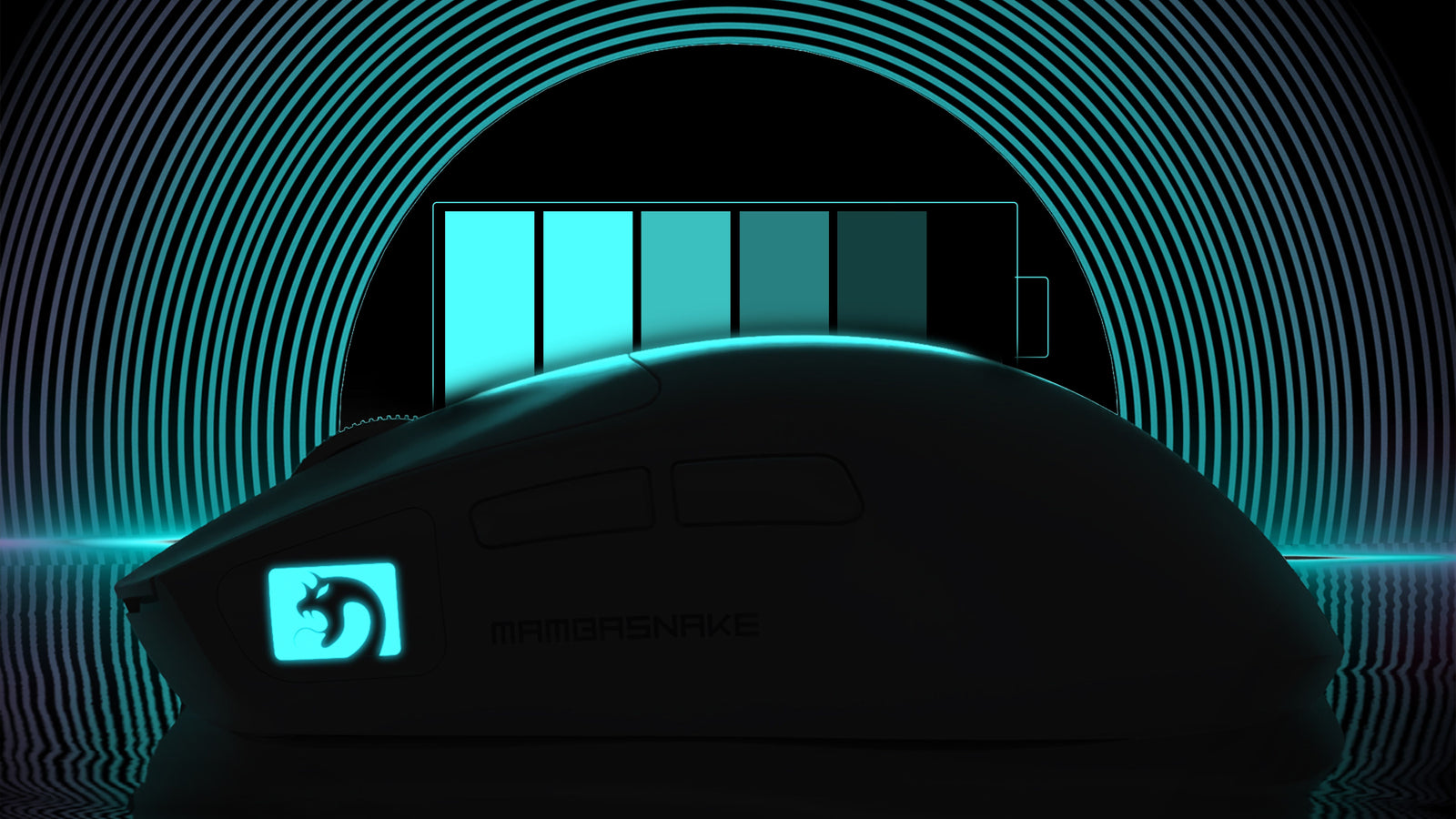 Mambasnake gaming mouse side view with cyan RGB logo, battery level UI on neon striped background