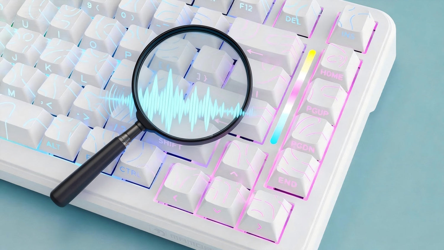Close-up of a white RGB mechanical keyboard with a magnifying glass showing a sound wave graphic
