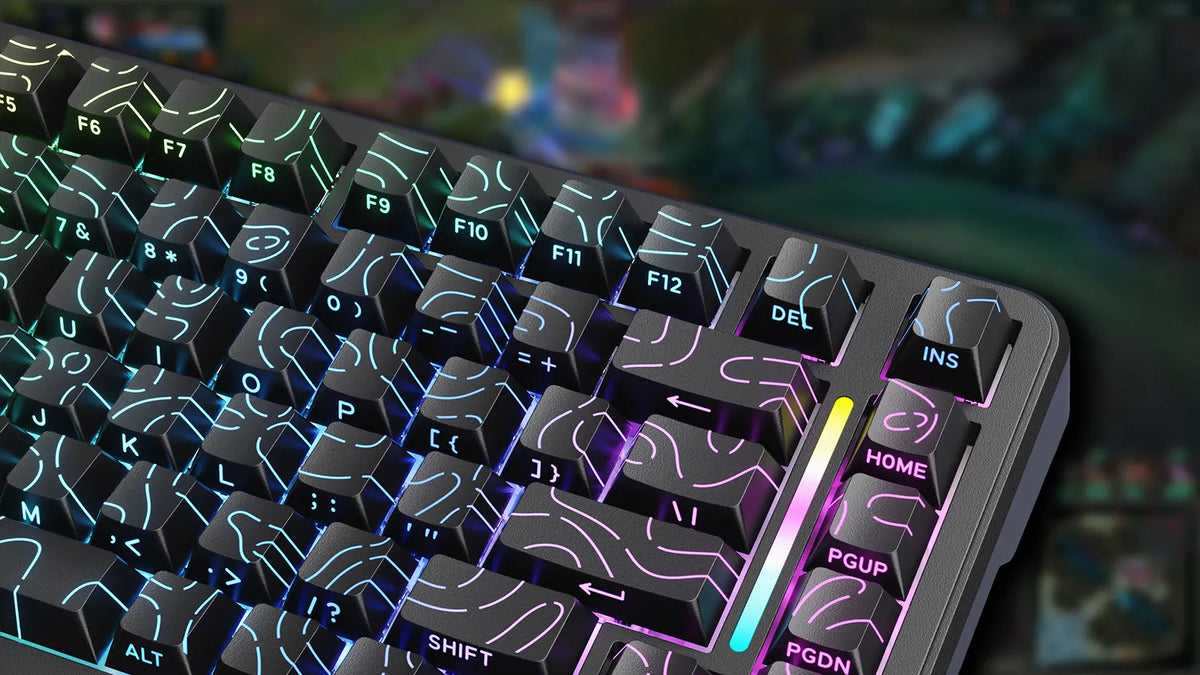 Close-up of Mambasnake RGB keyboard with contour keycaps, colorful gradient backlit key cluster