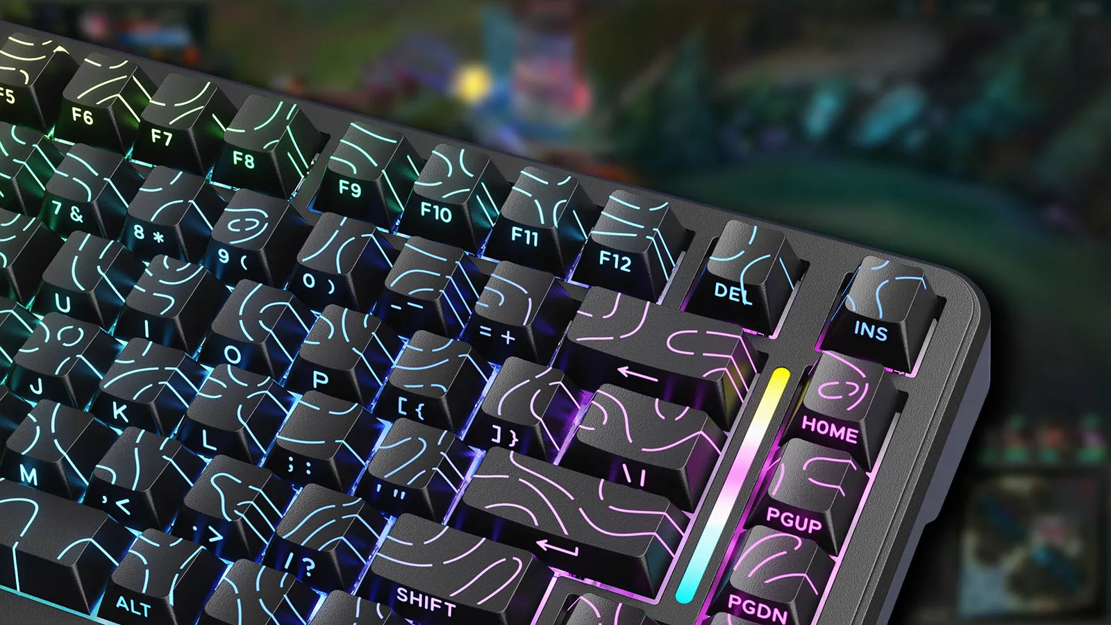 Close-up of Mambasnake RGB keyboard with contour keycaps, colorful gradient backlit key cluster