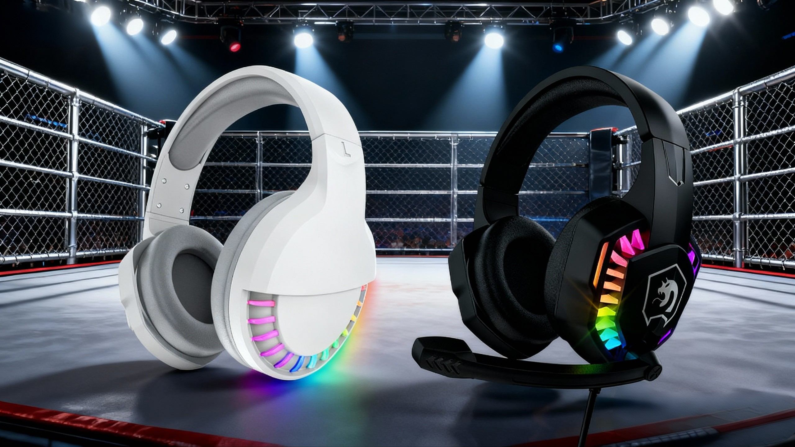 A white and a black gaming headset with RGB lighting facing off in a boxing ring, symbolizing a versus battle