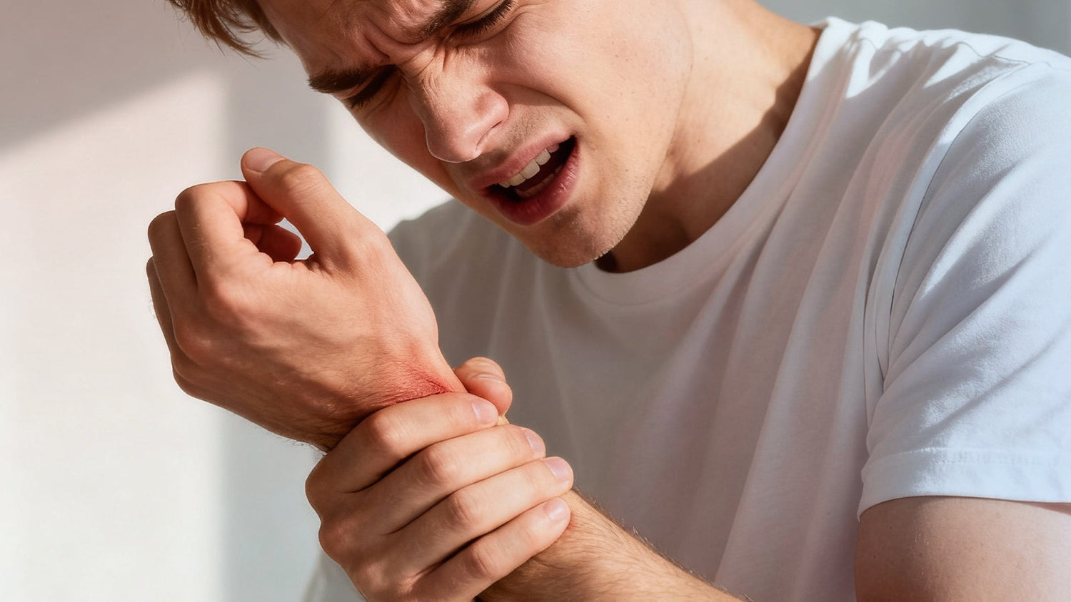 A man in a white t-shirt grimaces in pain, holding his red, scraped wrist, indicating a possible repetitive strain injury
