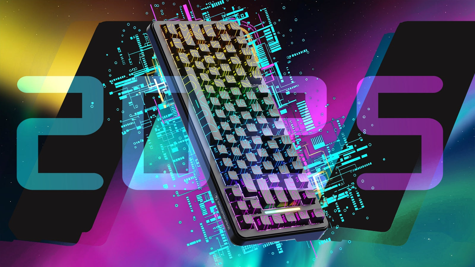 2025 RGB mechanical gaming keyboard floating over neon circuitry, showcasing futuristic design and lighting effects