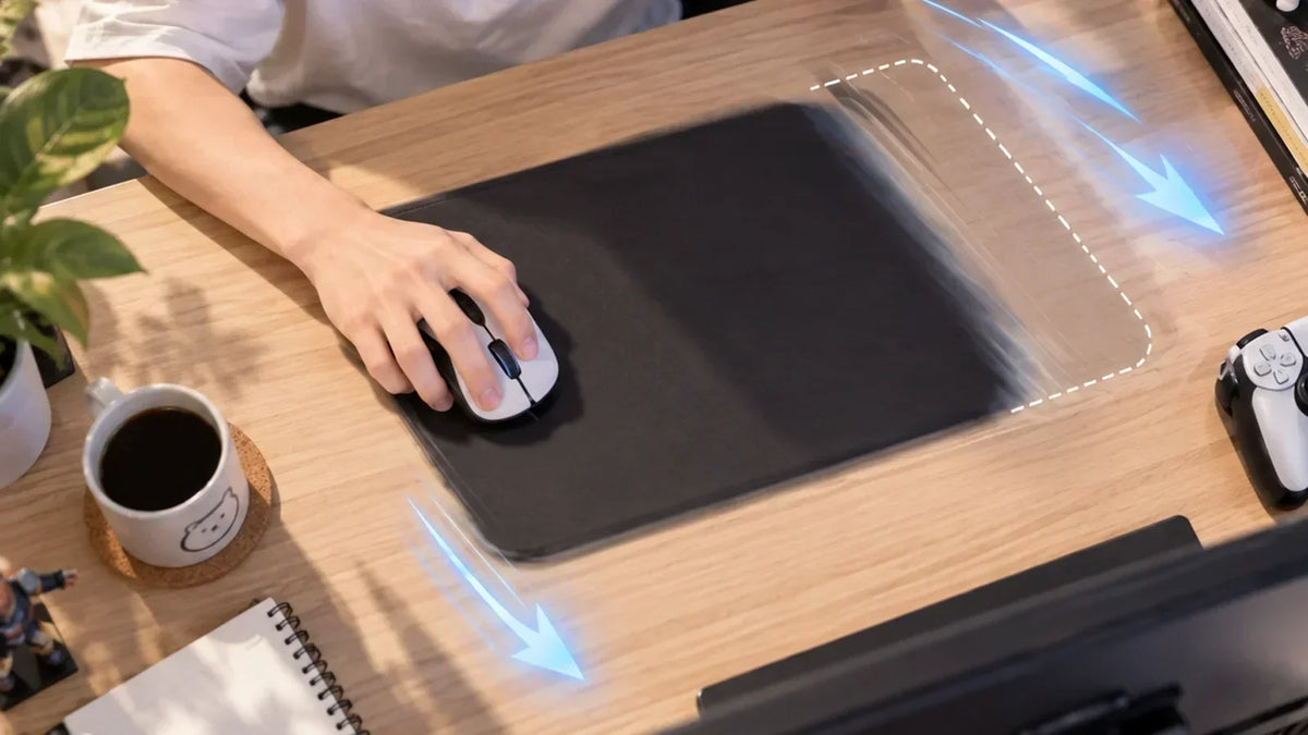 Hand gliding mouse on MAMBASNAKE glass gaming mouse pad, blue motion arrows highlight smooth tracking on modern wooden desk.