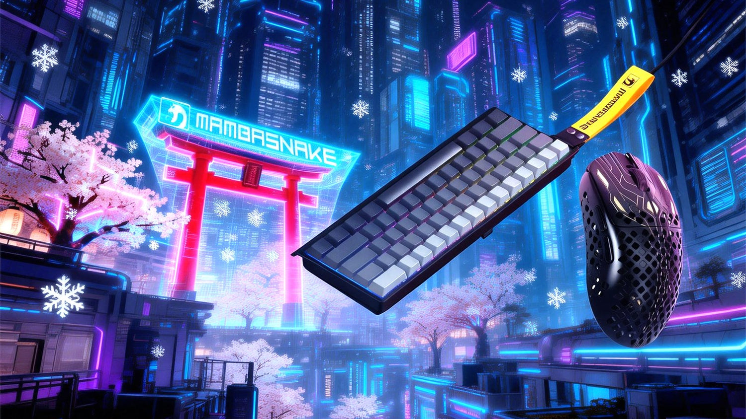 Mambasnake gaming keyboard and honeycomb mouse combo floating in a neon cyberpunk city setting with a Japanese torii gate