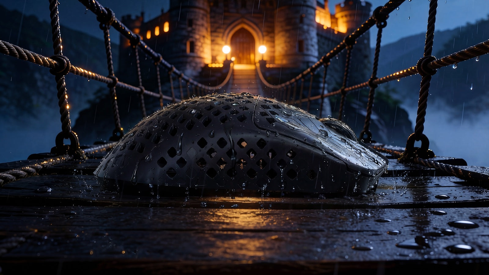 Mambasnake black honeycomb gaming mouse on a wet wooden bridge with a fantasy castle background