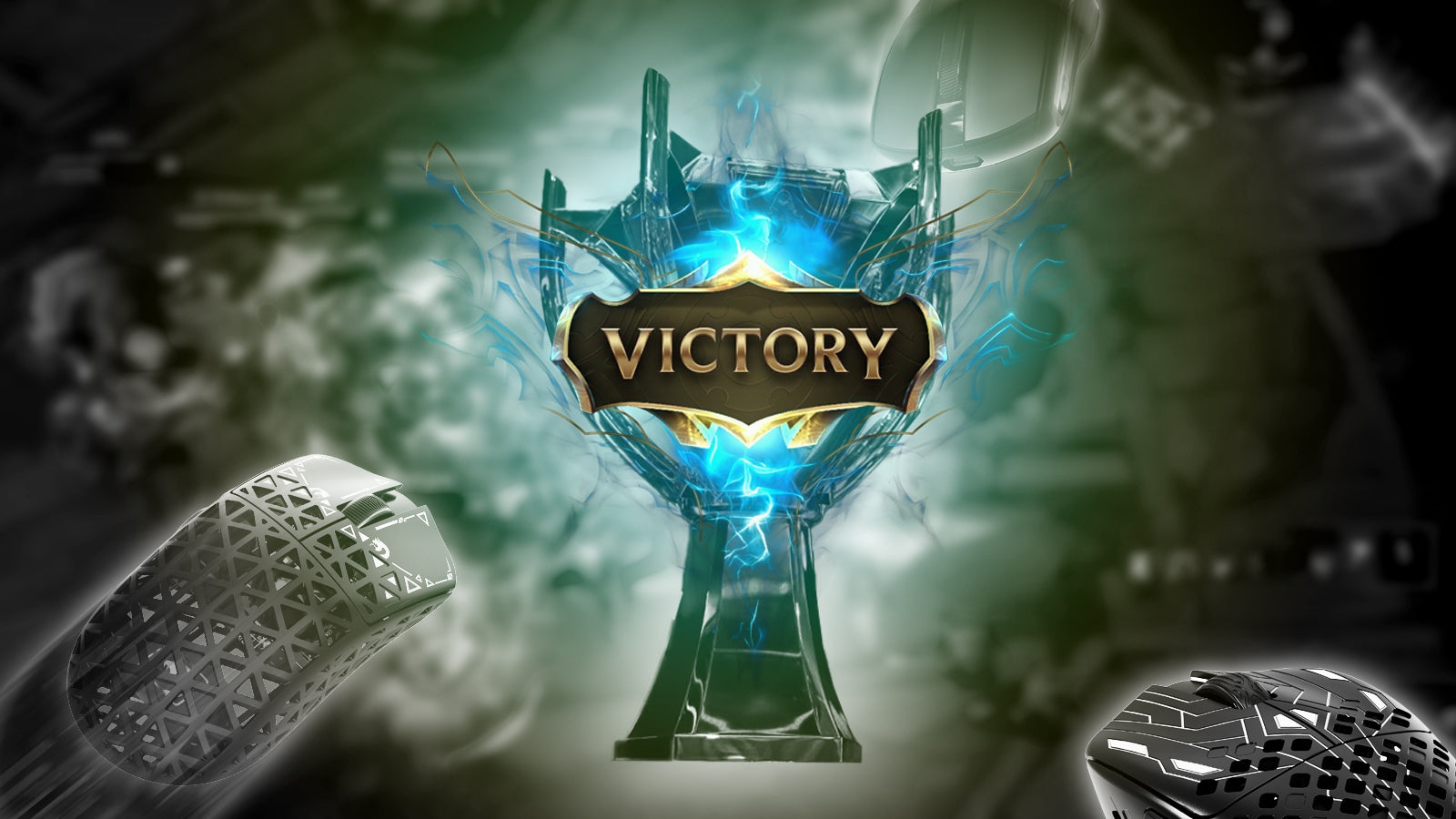 Esports victory trophy with 'VICTORY' text, surrounded by gaming mice and blue magical smoke effects