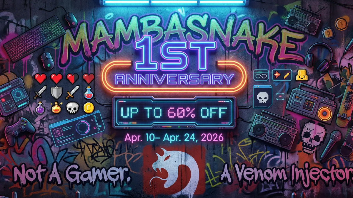 MAMBASNAKE 1st anniversary sale banner with neon graffiti, gaming gear, and up to 60% off from Apr. 10–24, 2026