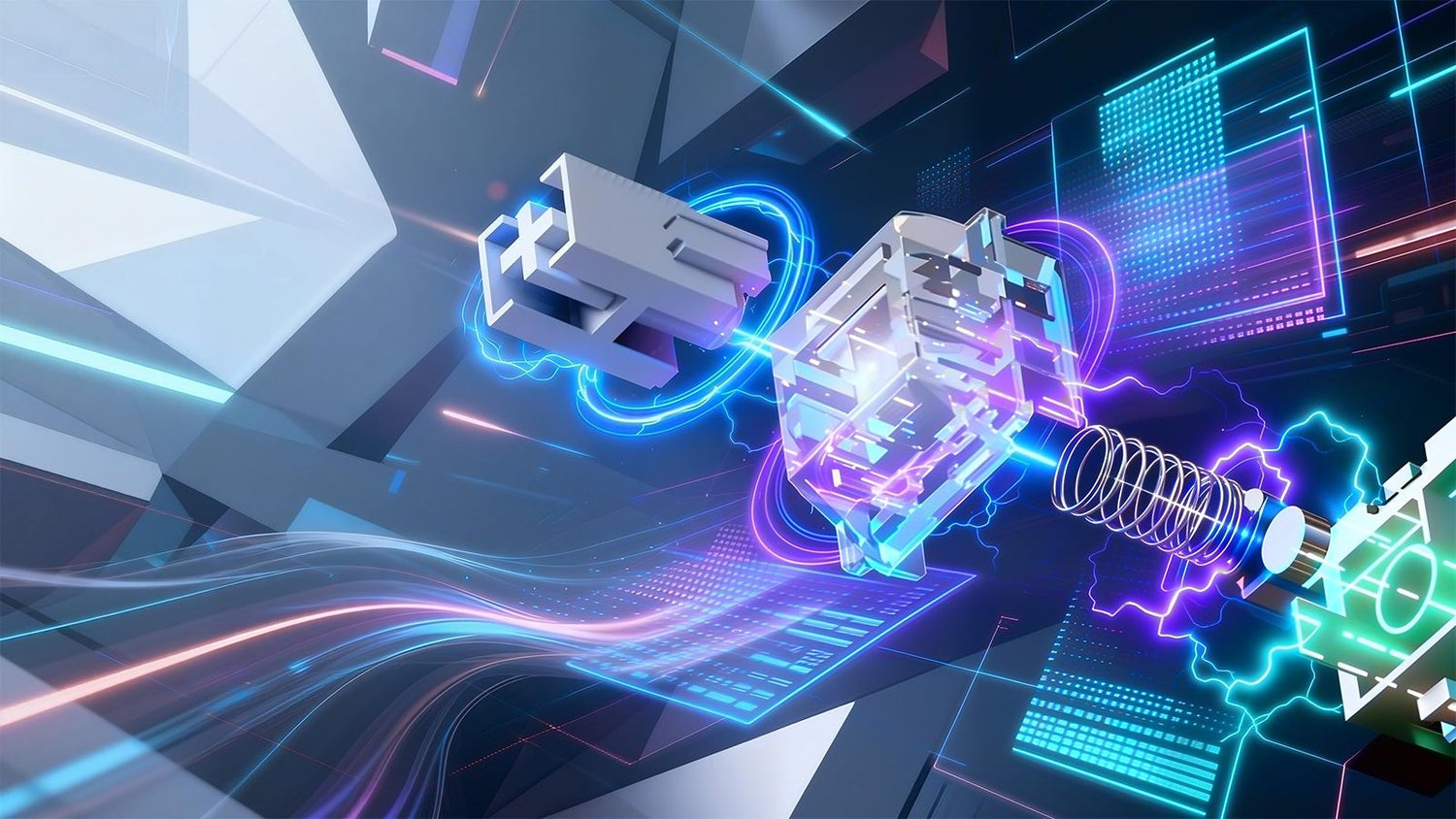 An exploded view of a mechanical keyboard switch, with its components levitating amid glowing blue and purple energy lines