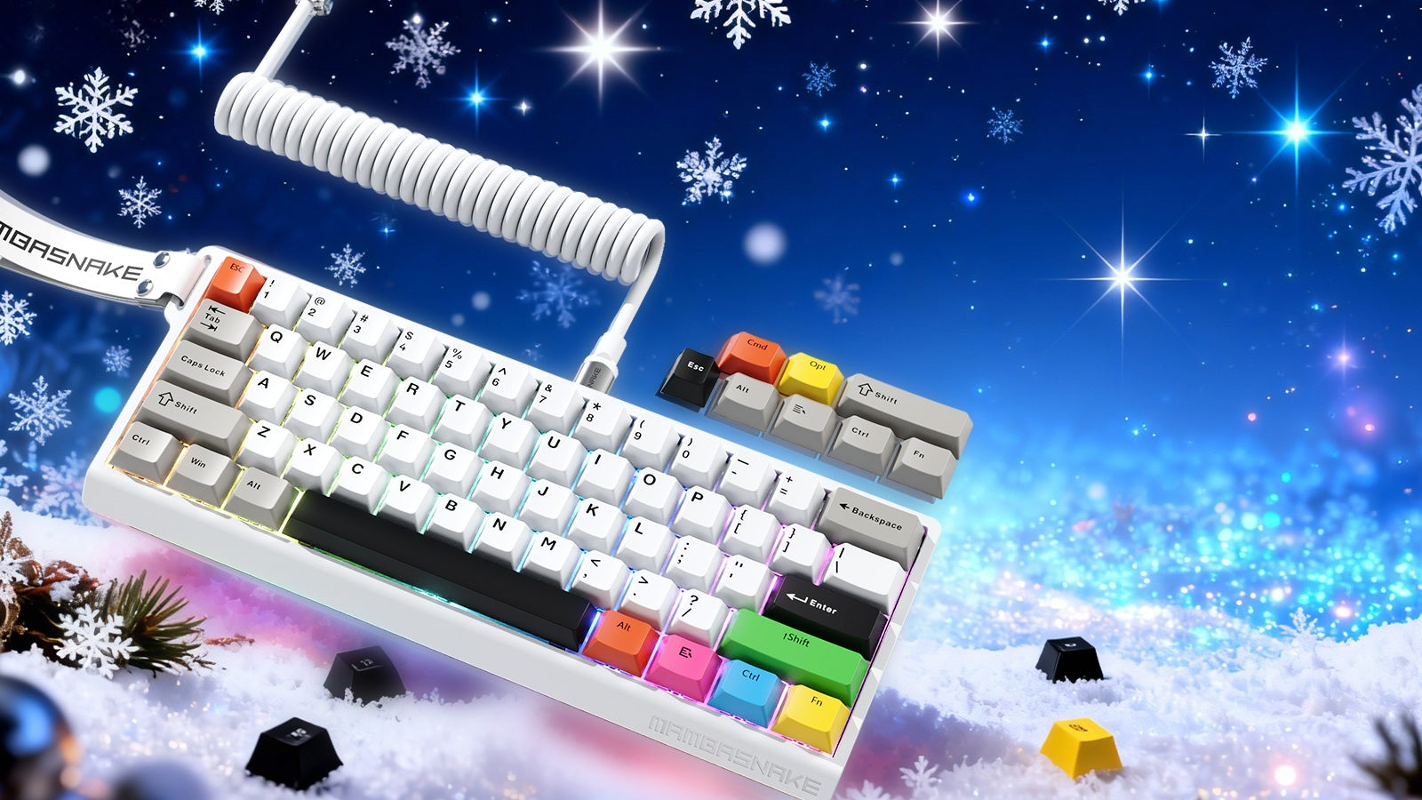 A stylish white mechanical keyboard with a white coiled cable and colorful keys, set against a festive, snowy background