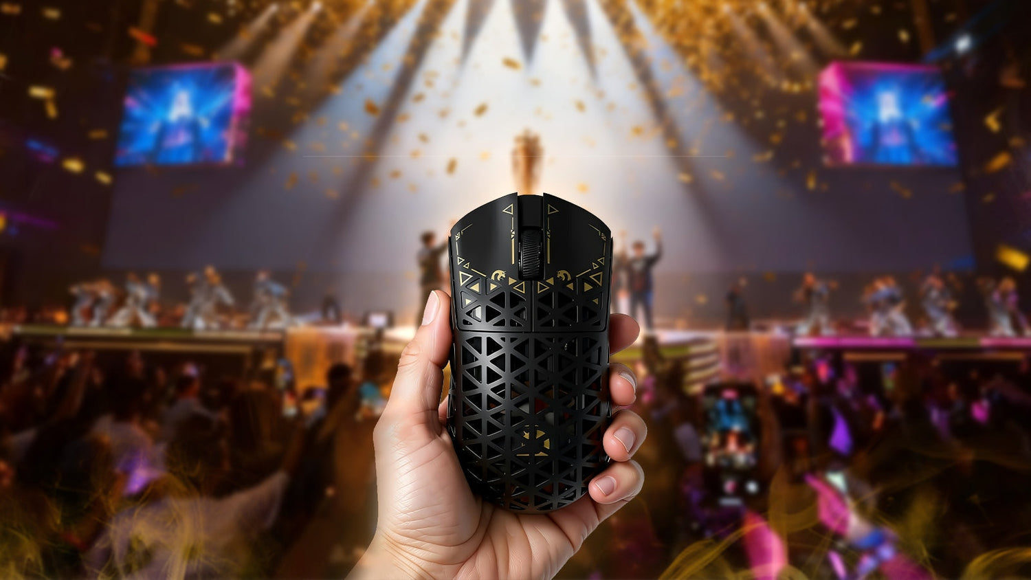 Lightweight honeycomb gaming mouse held in hand at esports tournament