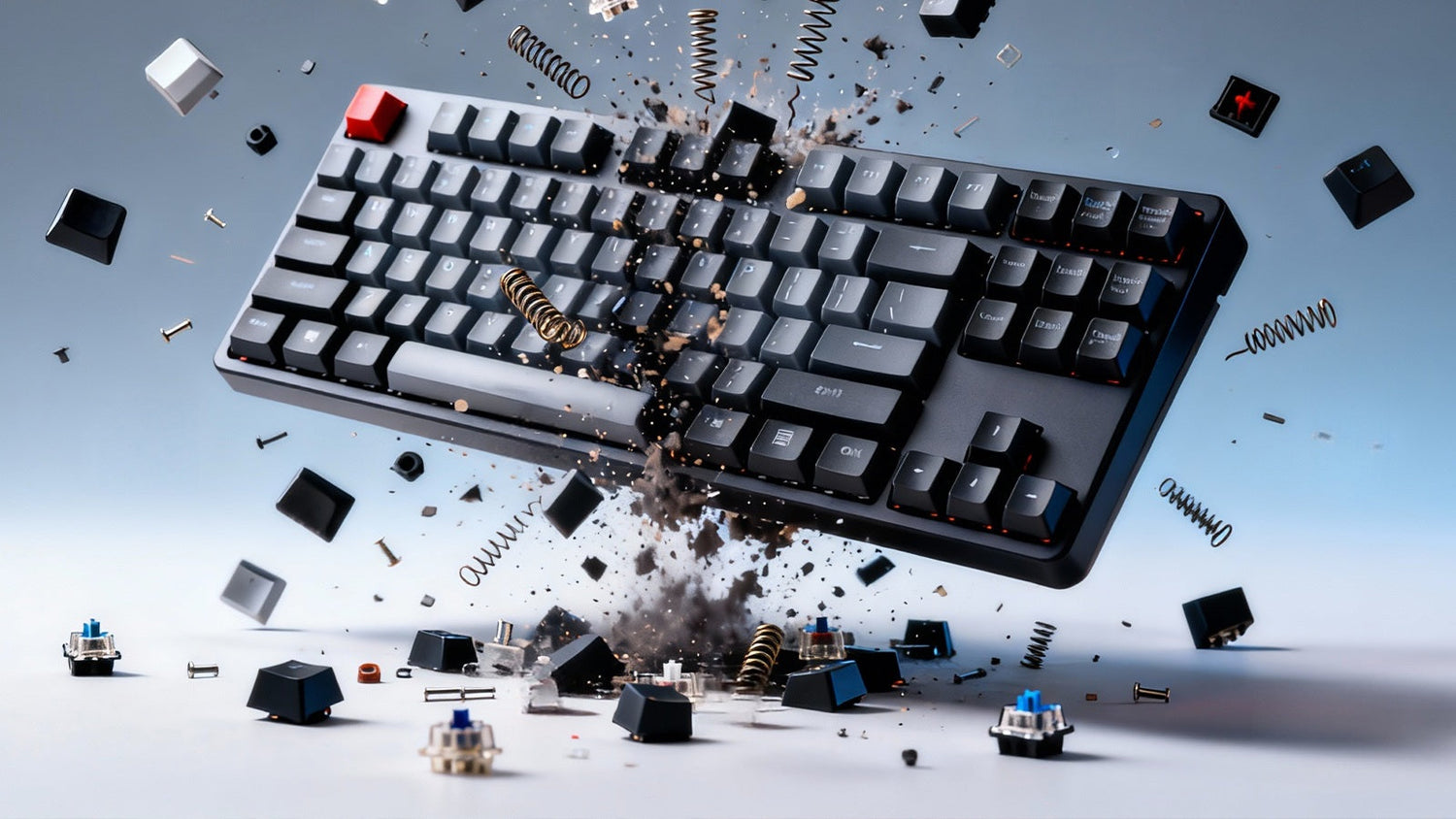 An exploded view of a mechanical keyboard with its components like keycaps and switches flying apart dramatically