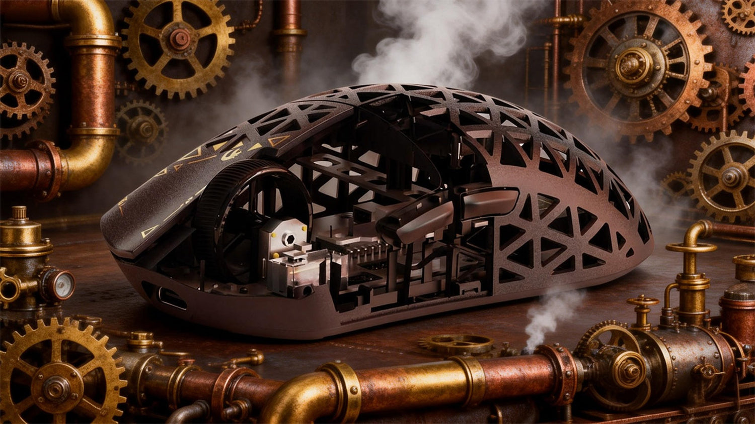 A steampunk-inspired gaming mouse with an open-frame design, set against a backdrop of brass gears, pipes, and steam