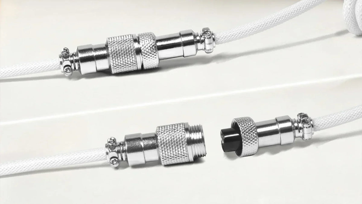 MAMBASNAKE keyboard cable with metal aviation connectors, showing mated and unplugged states with white braided wire on white background.