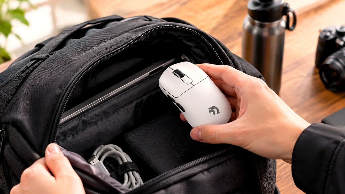 Hands taking compact white MAMBASNAKE gaming mouse out of backpack pocket, portable computer accessories