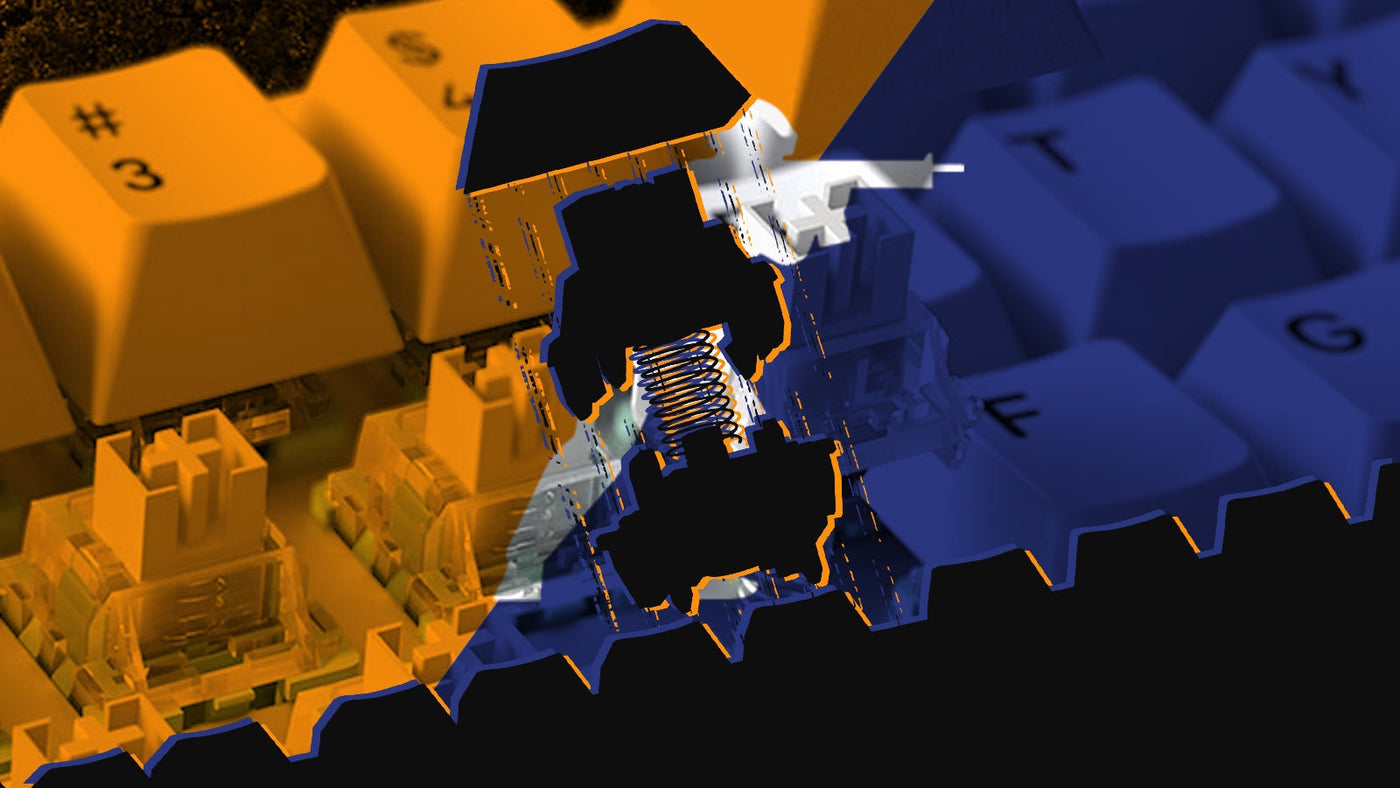 Mechanical keyboard switch structure with spring and stem shown in an exploded technical view
