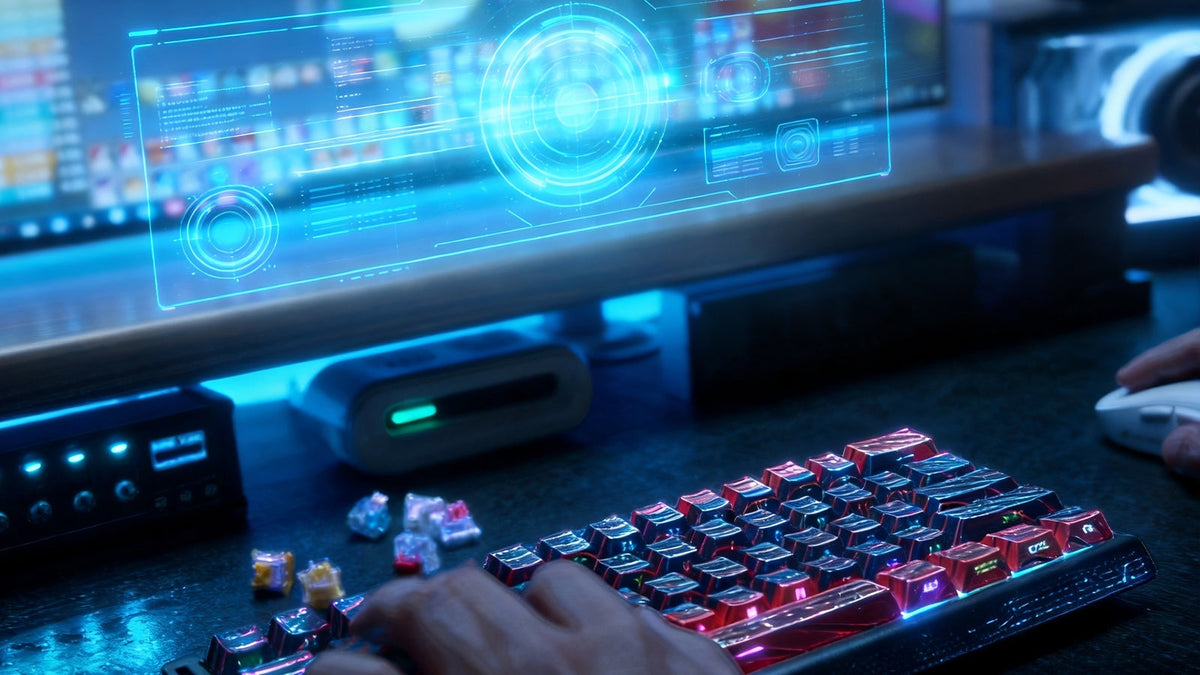 RGB mechanical keyboard on gaming desk with futuristic blue display and hand typing