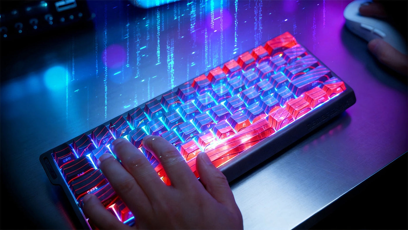 RGB mechanical keyboard with red keycaps and hand typing on a glowing gaming desk