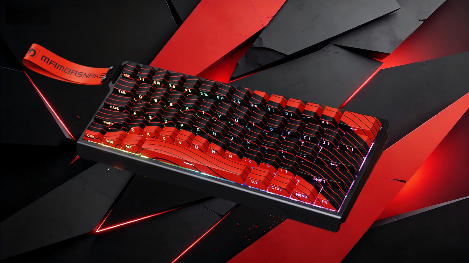 Red and black MAMBASNAKE gaming keyboard with RGB lighting on a futuristic dark background