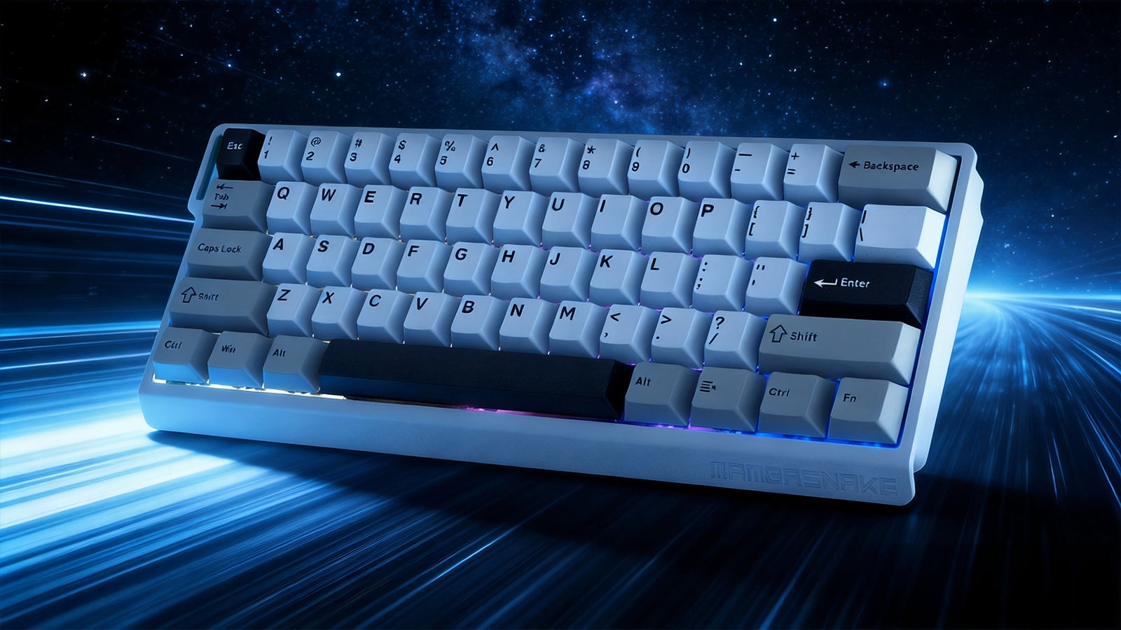 White compact mechanical keyboard with blue backlight on futuristic space background