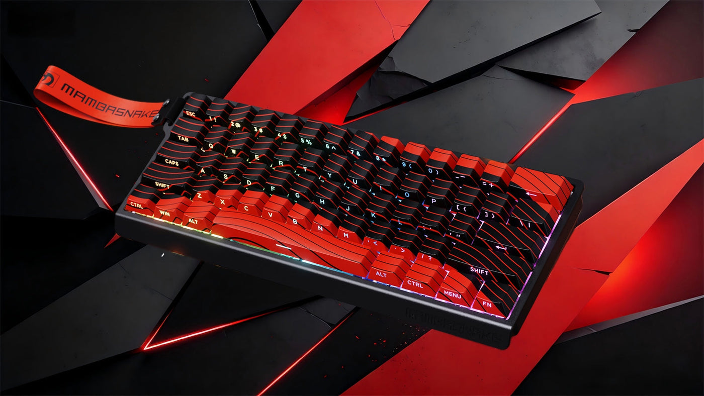 Red and black MAMBASNAKE gaming keyboard with RGB lighting on a futuristic dark background