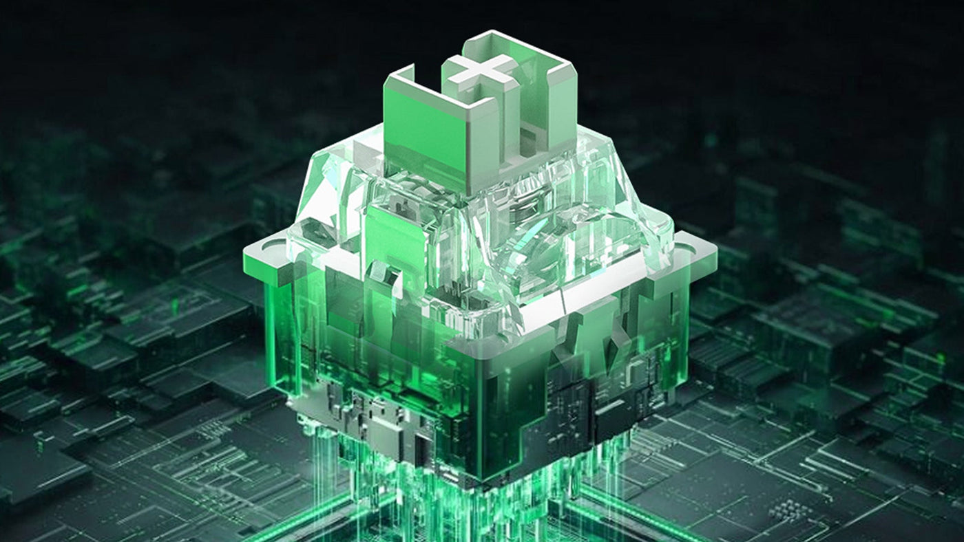 Green transparent mechanical keyboard switch displayed on a dark futuristic circuit board