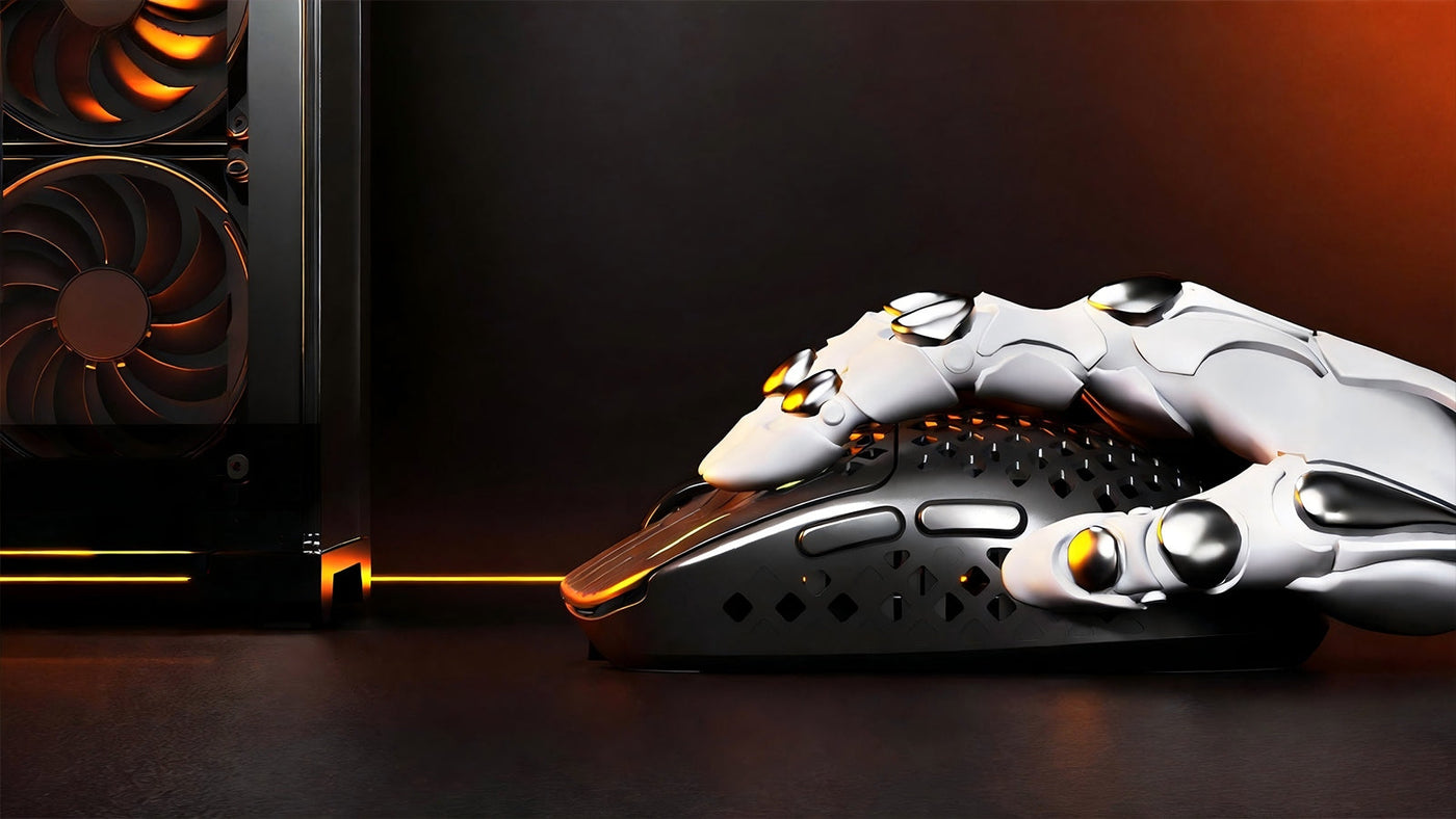 Robotic hand using a black MAMBASNAKE honeycomb gaming mouse beside an illuminated gaming PC