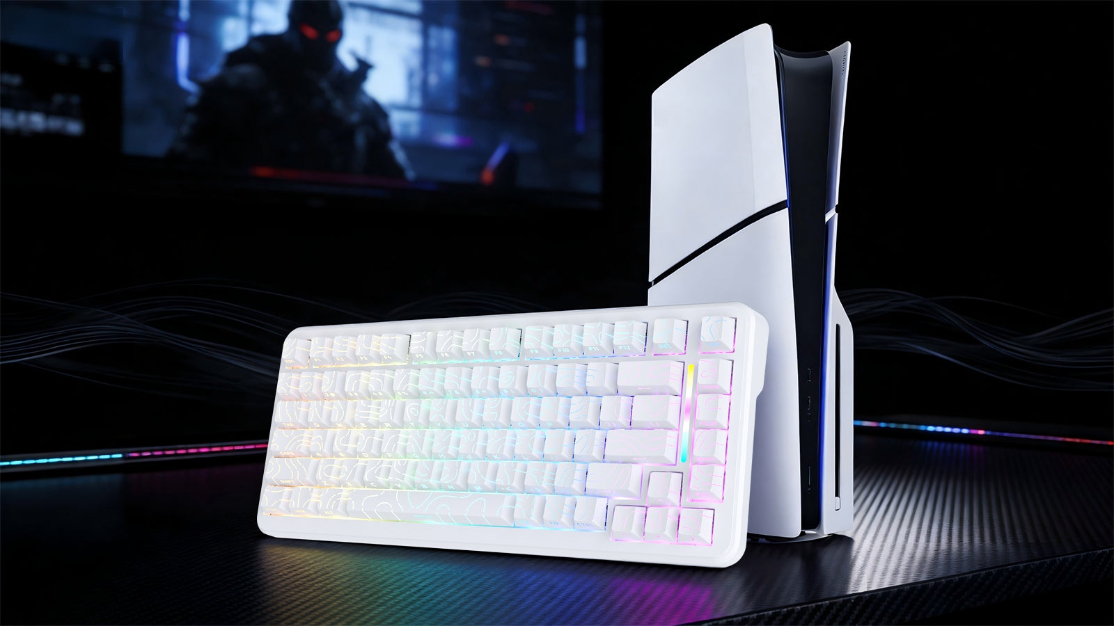 Mambasnake white RGB gaming keyboard next to PS5 console on dark desk with gaming backdrop