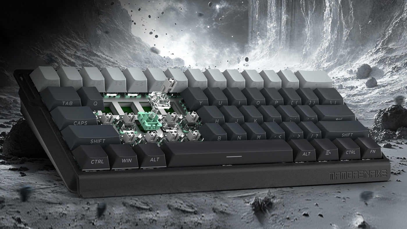 Black MAMBASNAKE mechanical keyboard with exposed switches and green lighting in a lunar sci-fi scene