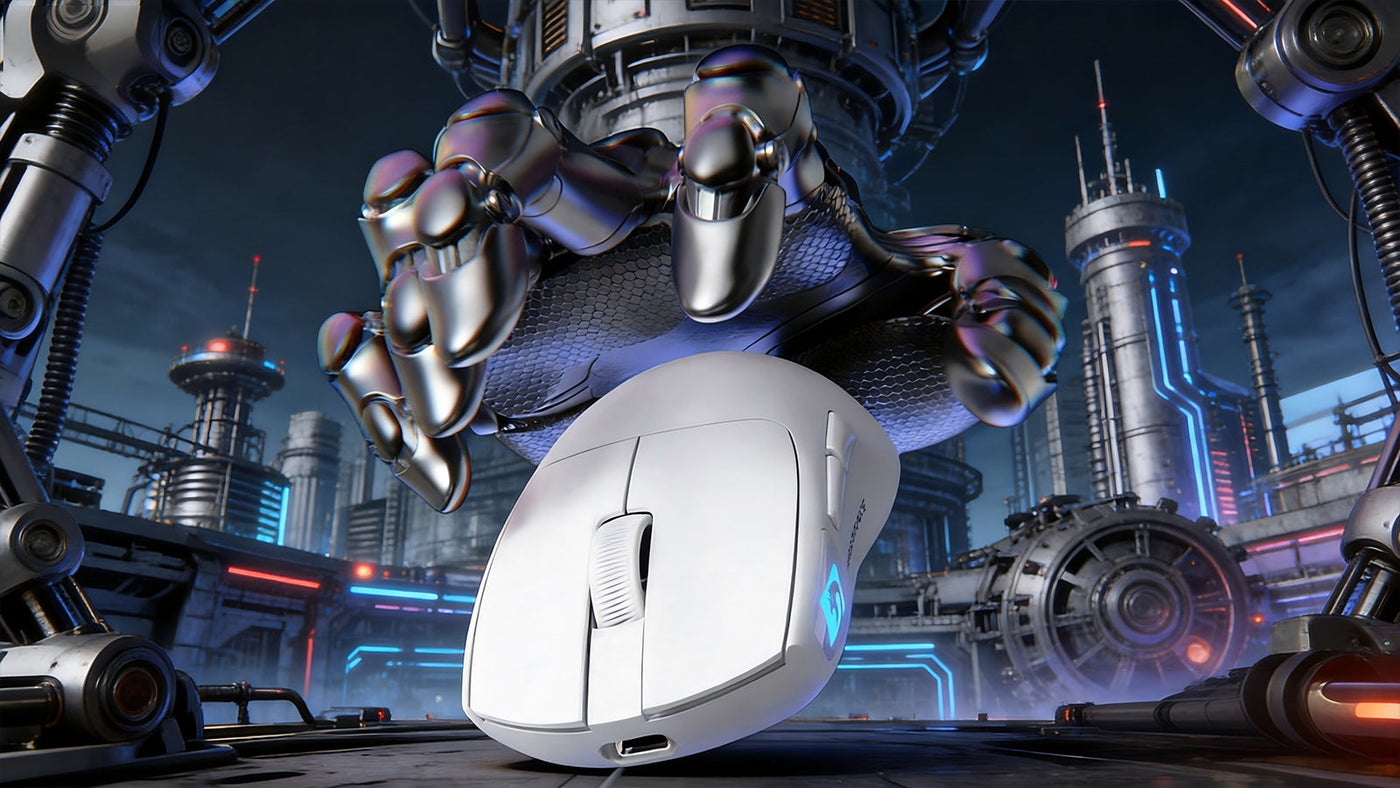 Metallic robotic hand reaching toward a white gaming mouse in a futuristic industrial city