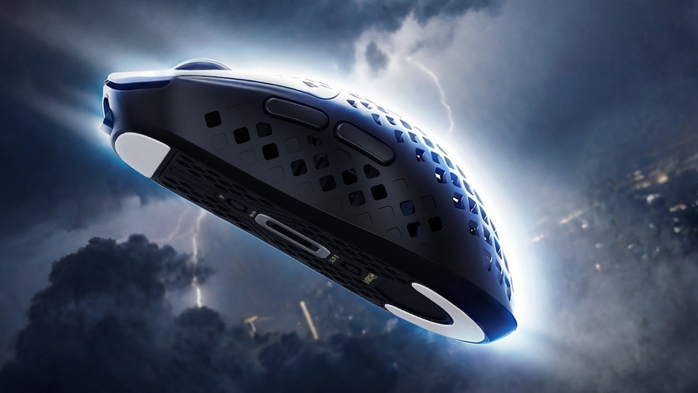 Lightweight gaming mouse underside in a stormy sci-fi scene