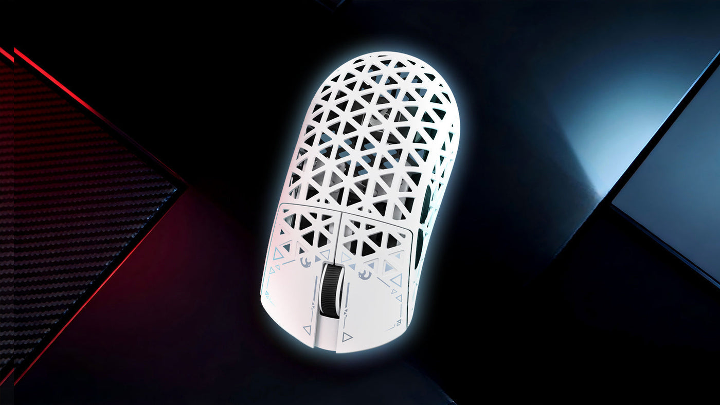 White honeycomb gaming mouse glowing on a dark futuristic desk
