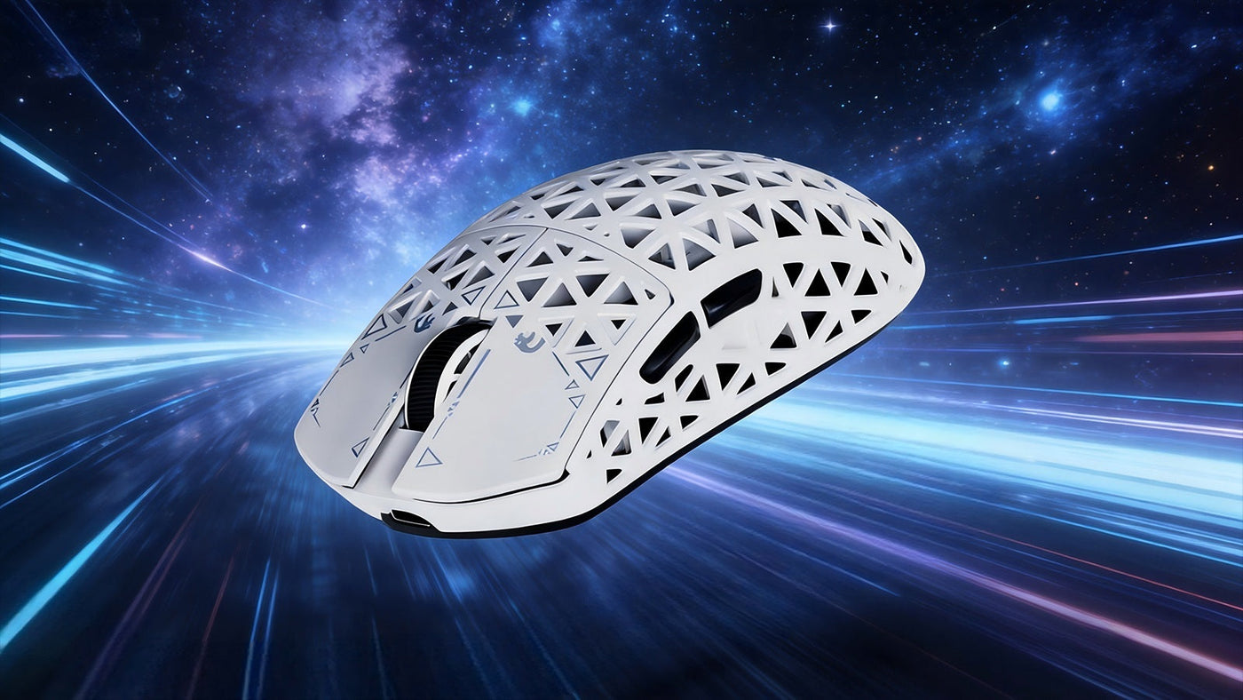 White honeycomb gaming mouse flying through a blue space warp