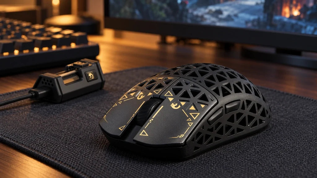 Black and gold MAMBASNAKE M5 Ultra mouse and receiver on a charcoal mat at a gaming desk.