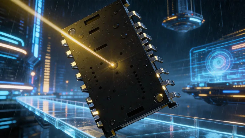 Laser beam striking a black circuit board in a neon city