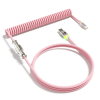 Pink RGB coiled USB-C keyboard cable with metal aviator connector and USB-A plug