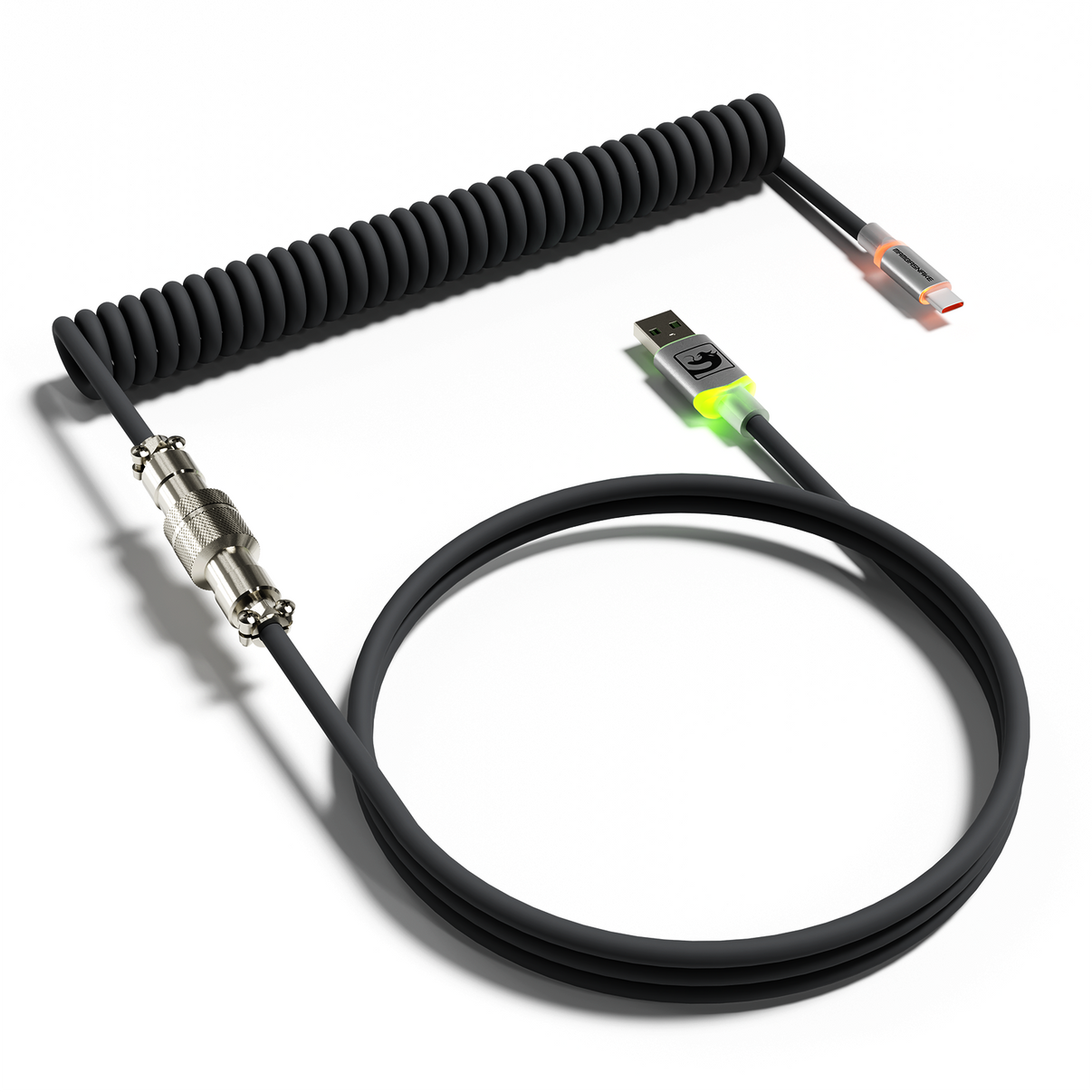 Black RGB coiled USB-C keyboard cable with metal aviator connector and USB-A plug