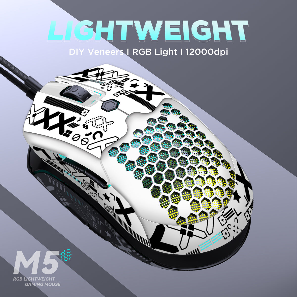 ZIYOU LANG M5PRO Ultralight Wired Gaming Mouse, Lightweight Honeycomb Shell, Pixart PAW3325, 6 Adjustable DPI 12000, 26 RGB Breathing Backlit Mice, 65g, USB Optical Model O Mice for Win11/Xbox/PS/Mac