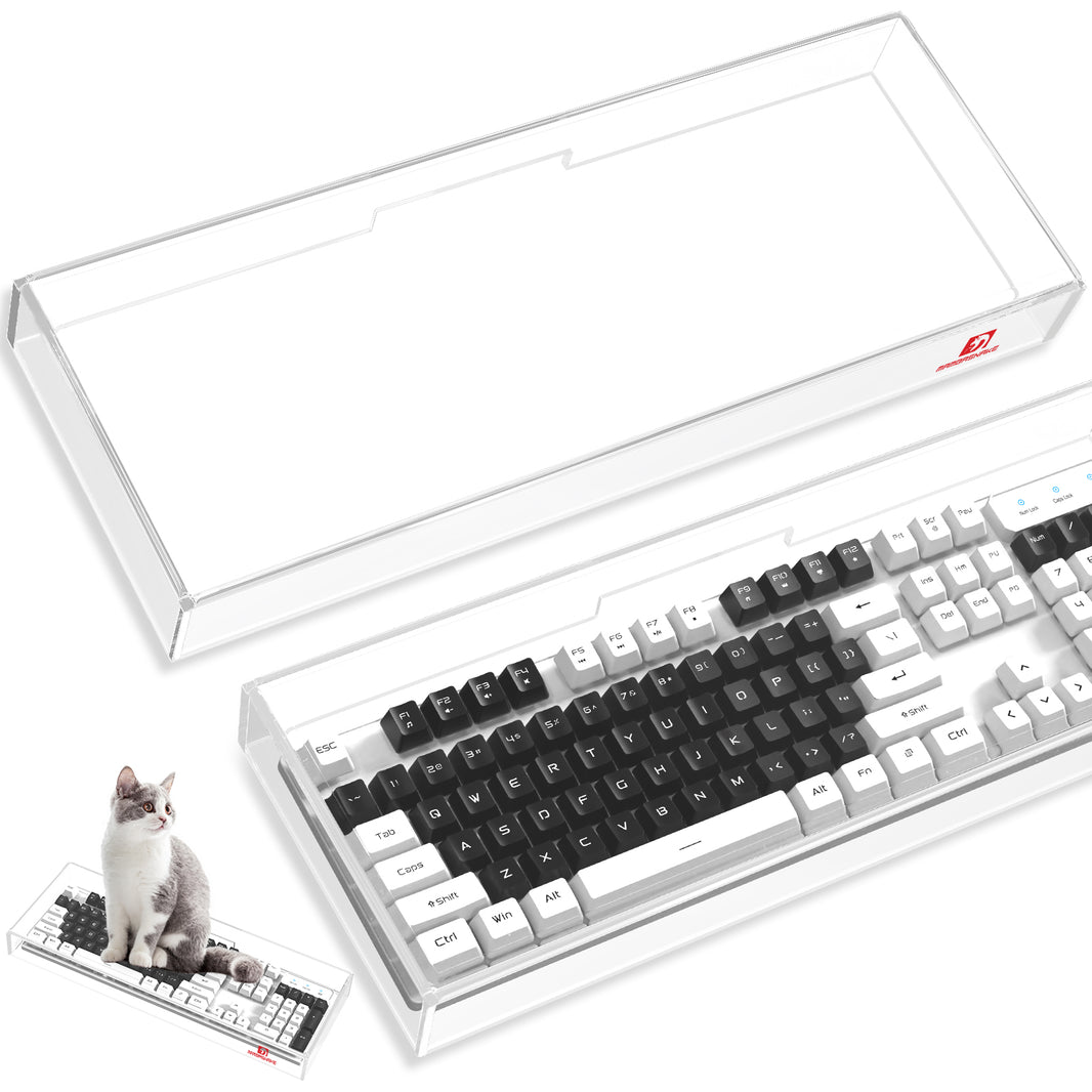 Clear acrylic 98-key keyboard dust cover with transparent protective case over keyboard