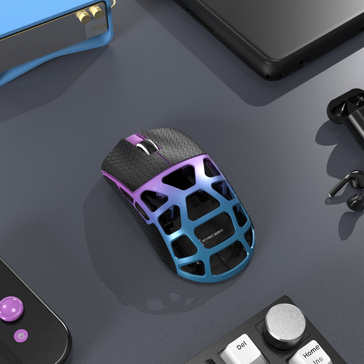 FELICON x Attack Shark R3 Wireless Gaming Mouse,PAW3395 26K DPI 8KHz Polling Rate,Magnesium Alloy 46g Ultralight,Programmable Tri-Mode BT/2.4G/Wired Computer Mice with Coiled Cable - Purple Blue&Tape